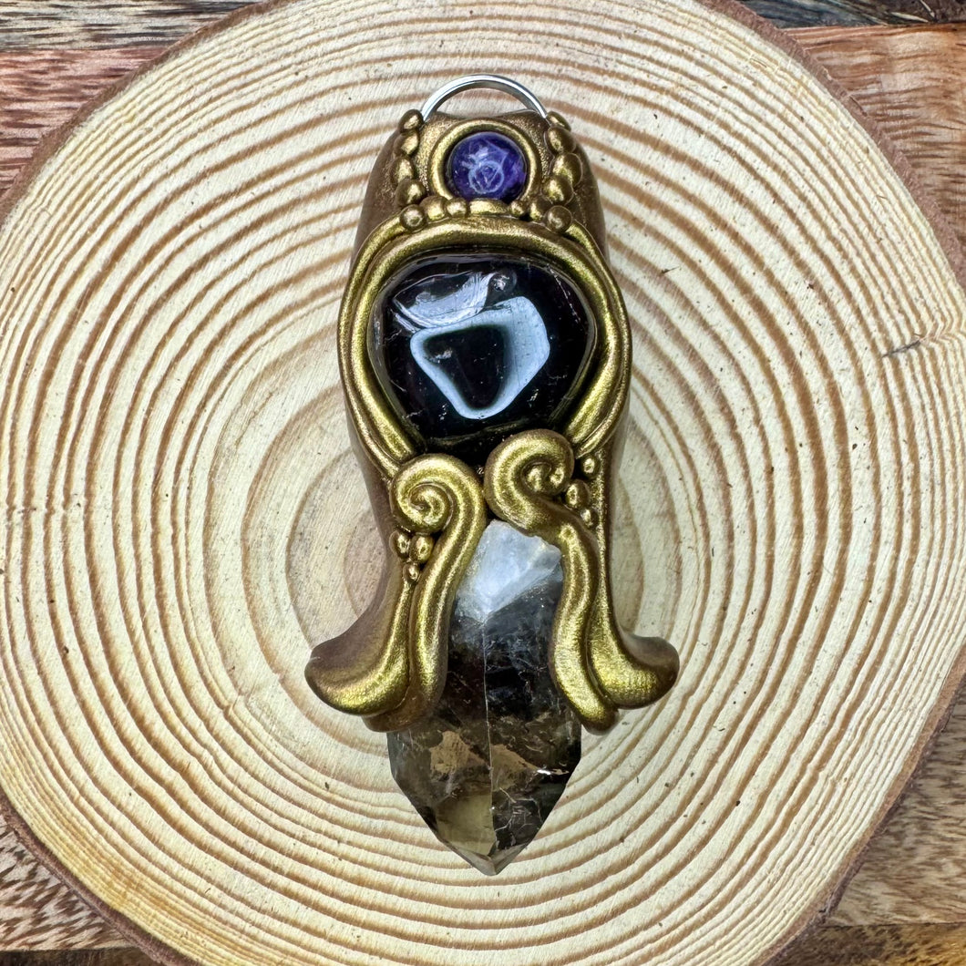 Smokey quartz, Garnet and Amethyst pendant