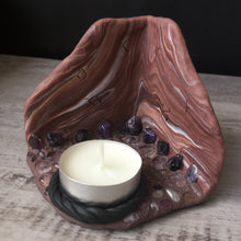 Load image into Gallery viewer, Handcrafted Polymer Clay Crystal Cave Tea Light Candle Holder Amethyst Fluorite
