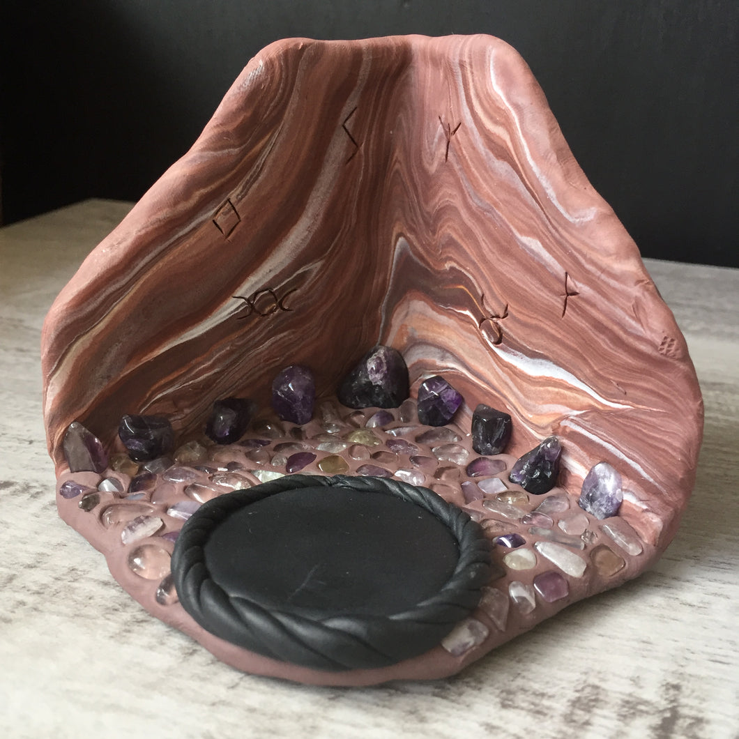 Handmade Polymer Clay Crystal Cave Tea Light Candle Holder Amethyst Fluorite