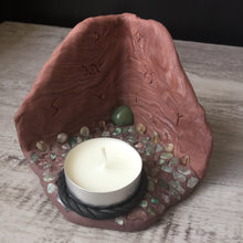 Load image into Gallery viewer, Handmade Polymer Clay Crystal Cave Tea Light Candle Holder Jade Smoky Quartz Fluorite Aventurine
