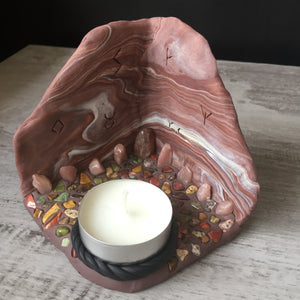 Handmade Polymer Clay Crystal Cave Tea Light Candle Holder Jasper Strawberry Quartz Pink Calcite