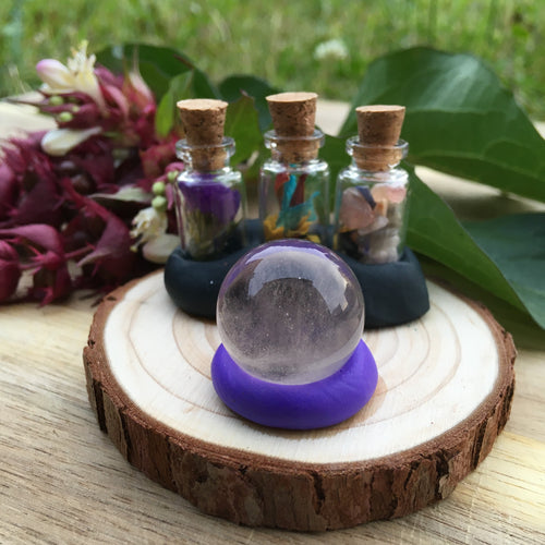 Handcrafted Polymer Clay Smoky Quartz Crystal Ball Spell Jars Purple Statice Flowers Chrysanthemum Mixed Crystal 