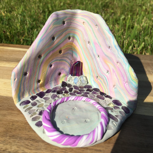 Handmade Polymer Clay Crystal Cave Tea Light Candle Holder Aura Quartz Opalite Amethyst Fluorite