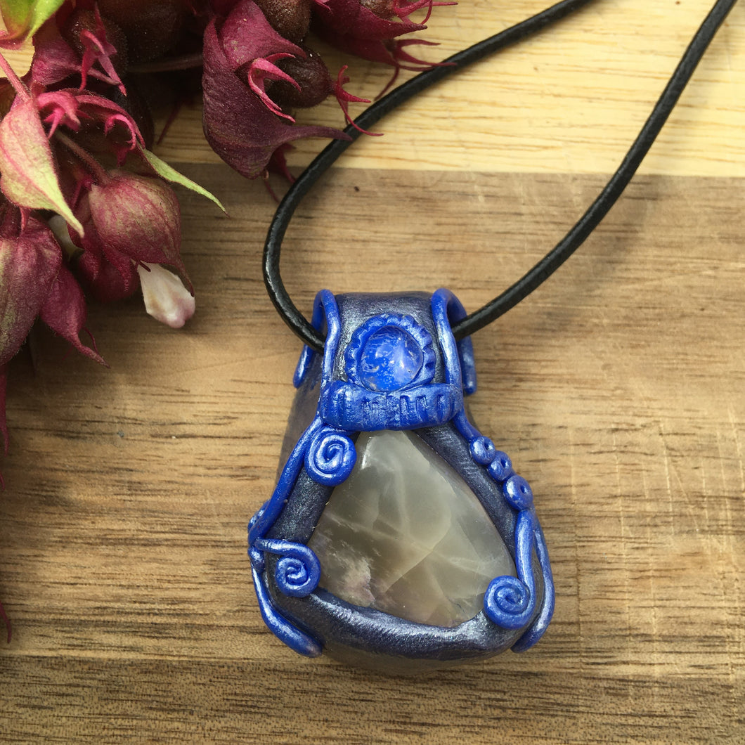 Handcrafted Polymer Clay Moon Pendant Moonstone Clear Quartz Crystal Swirl