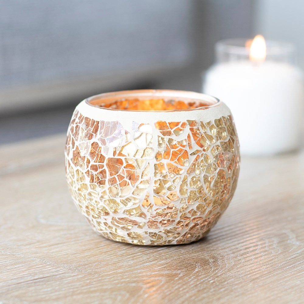 Small Gold Iridescent Crackle Glass Candle Holder