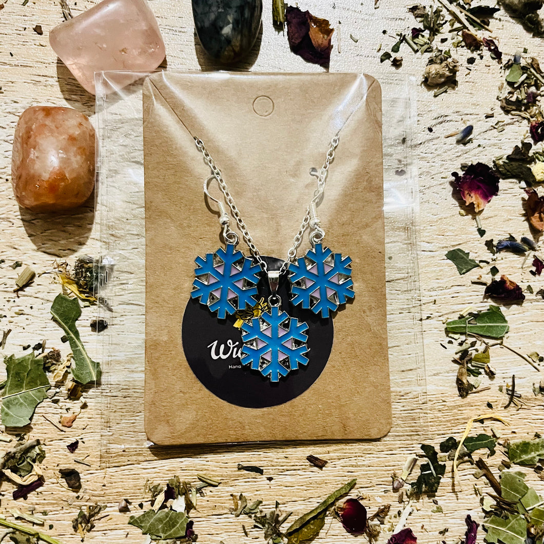 Sterling silver blue snowflake Yule necklace and earring set